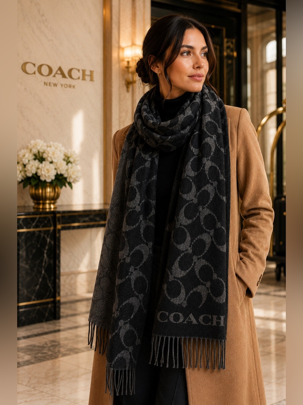 Coach Signature Oversized Muffler Scarf Black Gray Wool Cashmere Logo Fringe OS